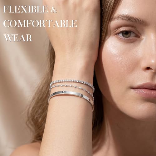 925 Sterling Silver Bracelets for Women Stack, Trendy Tennis Bangle Cuff Jewelry Set 14K Gold Plated, Adjustable Bracelet Set for Wrist Essentials, Women Fashion Watch Band Acecessories - style: Bracelet_3pcs(Dainty Tennis Set-Silver)