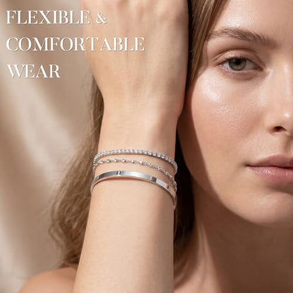 925 Sterling Silver Bracelets for Women Stack, Trendy Tennis Bangle Cuff Jewelry Set 14K Gold Plated, Adjustable Bracelet Set for Wrist Essentials, Women Fashion Watch Band Acecessories - style: Bracelet_3pcs(Dainty Tennis Set-Silver)