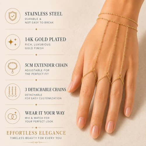 14K Gold Plated Stainless Steel Hand Chain Bracelet for Women Trendy Dainty Ring Bracelet Hand Chain Hypoallergenic Body Jewelry for Everyday Wear Cute Trendy Gifts
