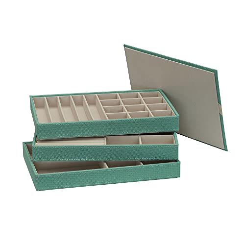 Household Essentials 3-Tier Jewelry Tray, Sturdy Chipboard With Polyester Linen Wrap, Polyester Felt Lining, Many Compartments for Easy Jewelry Access, Stackable, Stylish and Functional, Seafoam Green - color: Teal