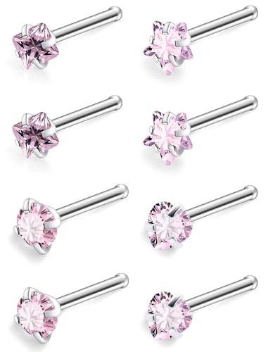 Hypoallergenic Nose Rings Studs 18G & 20G Surgical Steel Nose Studs L Shaped Nostril Piercing Jewelry with Pink Cubic Zirconia for Women & Men - color: 18g,Straight,pink crystal