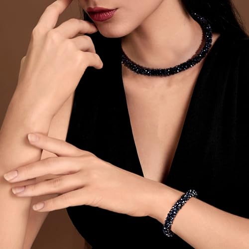 Hand Knotted Beads Statement Necklace Bracelet Jewelry Set Artificial Crystal Choker for Women- Handmade Beaded Strand Sparkly Faceted Crystal Rondelle-17inches, 30 Colors - color: Silvery&Black Set