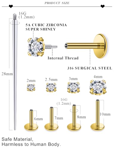 18G 16G Internal Thread Flat Back Nose Stud Earrings Surgical Steel Conch Tragus Cartilage Medusa Monroe Labret Lip Rings Piercing Jewelry for Women Men CZ Silver Black Gold Hypoallergenic - color: Gold, size: 16g
