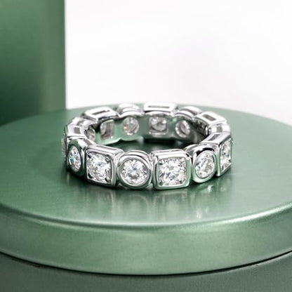 Moissanite Eternity Ring, S925 Sterling Silver Wedding Band for Women - style: Geometric Bezel Eternity Band