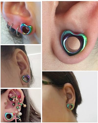 Jewseen 2PCS Rainbow Heart Ear Gauges Plugs Tunnels 316L Stainless Steel Ear Expander Piercing Jewelry