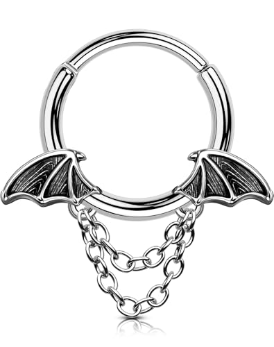 OUFER 16G Halloween Septum Ring Bat Wing Chain Piercing Jewelry | Gothic Stainless Steel Nose Hoop for Women Men | 8MM 10MM Segment Ring for Vampire Cosplay