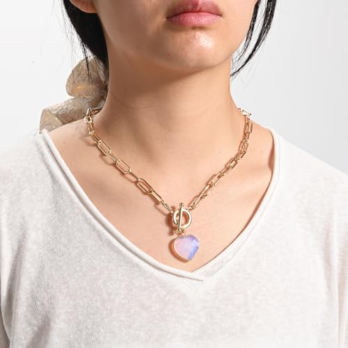 14K Gold Plated Two Sides Carved Stone Heart Shape Necklace for Women Love Pendant Necklace Jewelry for Daily and Gifts - color: Opal