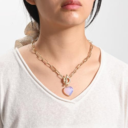 14K Gold Plated Two Sides Carved Stone Heart Shape Necklace for Women Love Pendant Necklace Jewelry for Daily and Gifts - color: Opal