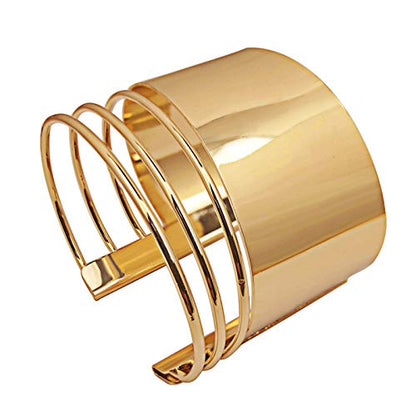 COLORFUL BLING Punk Alloy Hollow Geometric Smooth Polished Gold Hoop Open Cuff Wide Bracelet Bangle Wrist Jewelry for Women Lady - color: gold hollow short