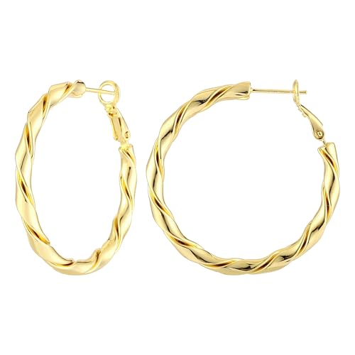 14k Gold Plated Hoop Earrings for Women, 925 Sterling Silver Posts Thick Twist Hypoallergenic Chunky Large Earrings 20mm 30mm 40mm 50mm - color: Yellow Gold, size: 40mm