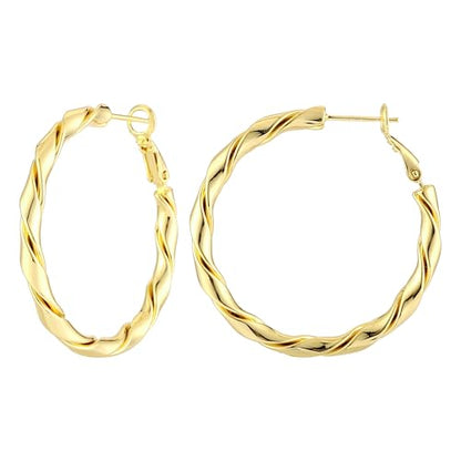 14k Gold Plated Hoop Earrings for Women, 925 Sterling Silver Posts Thick Twist Hypoallergenic Chunky Large Earrings 20mm 30mm 40mm 50mm - color: Yellow Gold, size: 40mm