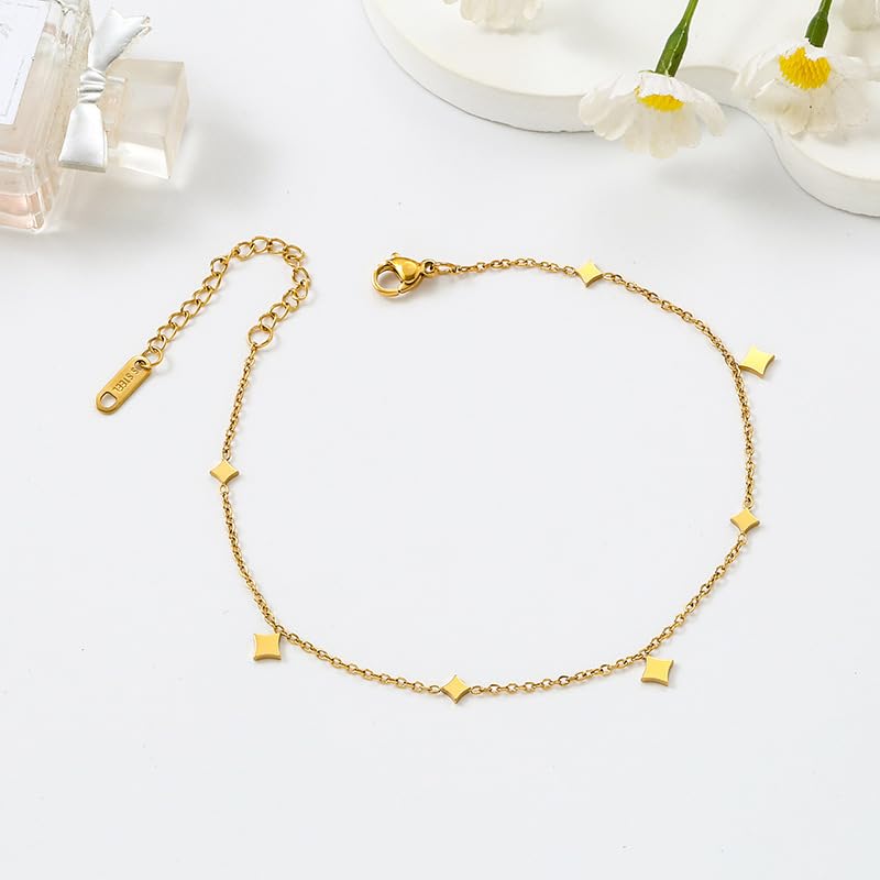 Dainty Gold Anklets for Women Stainless Steel Simple Ankle Bracelets Summer Beach Foot Chain Jewelry Gift - color: Rhombus