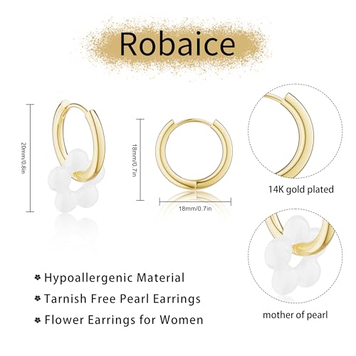 Robaice Pearl Earrings for Women, 14K Gold Plated Dangle Drop Earrings | Small Pearl Drop Huggie Hoop Earrings, Hypoallergenic Dainty Gold Earrings, Wedding Jewelry Gifts for Women Trendy - style: gold flower-1