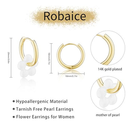 Robaice Pearl Earrings for Women, 14K Gold Plated Dangle Drop Earrings | Small Pearl Drop Huggie Hoop Earrings, Hypoallergenic Dainty Gold Earrings, Wedding Jewelry Gifts for Women Trendy - style: gold flower-1
