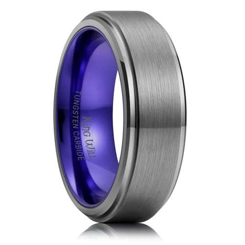 King Will Mens Brushed Wedding Band, Two Tone Matte Step Edges/Pipe Cut, Tungsten Carbide Anniversary Promise Rings Comfort Fit - color: Silver&Purple-8mm