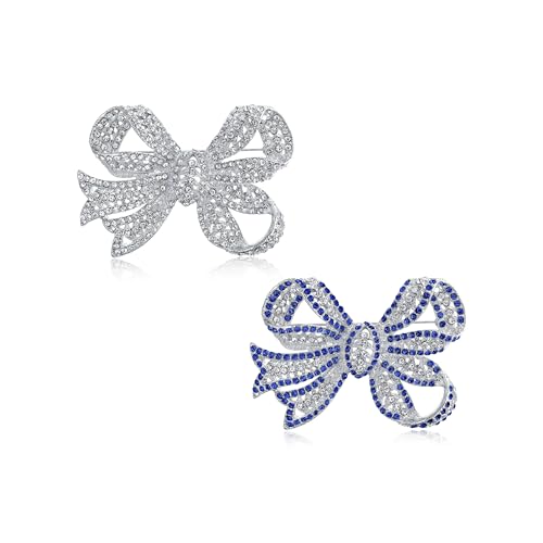 Bling Jewelry Victorian Vintage Style Winter Wedding Holiday Royal Blue White Glittering Crystal Pave Bridal Fashion Large Statement Filigree Ribbon Bow Scarf Brooch Pin For Women Silver Rose Plated - color: Silver Set