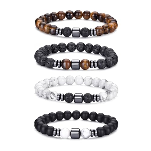 Mens Beaded Bracelets Set 8MM Tiger Eye Lava Stone Stretch Natural Stone Men's Bead Bracelet Mens Bracelet - color: 4,lava rock,tiger eye,white,black bracelet