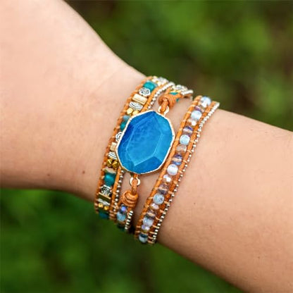YGLINE Natural Stone Beaded Healing Wax String 5 Wraps Bracelets - color: blue agate