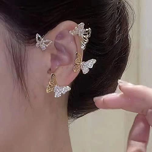 BETHYNAS Glitter Rhinestone Butterfly Flower Ear Cuff Sparkly Non-Pierced Crystal Tassel Fake Earrings Climber Lady Ear Wrap Bridal Party Ear Jewelry for Women and Girls - color: Gold Hollow Butterfly