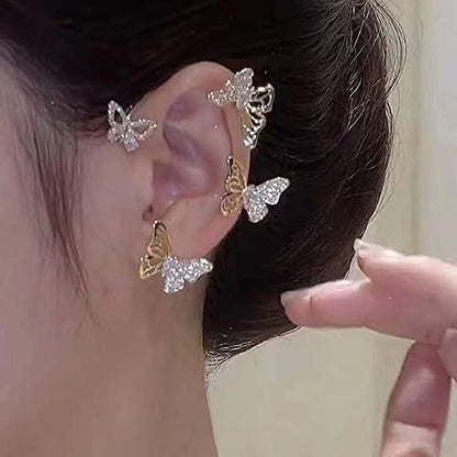 BETHYNAS Glitter Rhinestone Butterfly Flower Ear Cuff Sparkly Non-Pierced Crystal Tassel Fake Earrings Climber Lady Ear Wrap Bridal Party Ear Jewelry for Women and Girls - color: Gold Hollow Butterfly