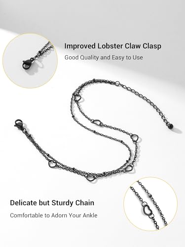 PROSTEEL Ankle Bracelets for Women, Silver/Gold/Black, Waterproof Anklets | Waterproof, Stainless Steel, Summer Beach Jewelry, Durable & No Tarnish, Come with Gift Box, 8-10.5" Adjustable, Plus Size - color: I: Black--6 Heart Layered
