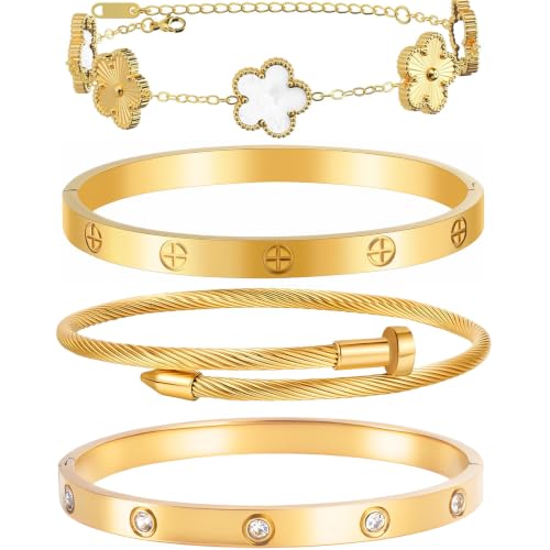 Womens Stackable Floral Gold Bracelets - 4Pcs 18K Gold Plated Bracelet,Stainless Steel Bangle Bracelets Non Tarnish, Gold Bracelet Set Trendy Jewelry,Christmas Valentines Birthday Gifts for Girlfriend - color: Bracelets Stack 4Sets (Floral White+Gold Brac