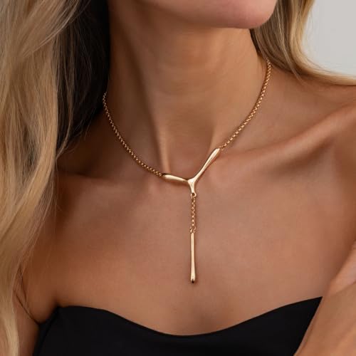 Abstract Y Shaped Lariat Necklace Minimalist Vertical Bar Drop Pendant Chain Jewelry