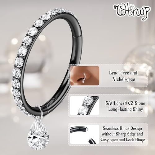 WBRWP 316L Stainless Steel Nose Hoop Rings Clicker with Zircon/Opal 14g-20g | Hypoallergenic Nose Rings Segment Clicker Lip Rings Cartilage Rook Conch Earrings Diameter 5mm-10mm - color: Black ring with zircon and dangle-1pc pack