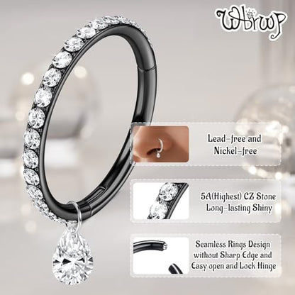 WBRWP 316L Stainless Steel Nose Hoop Rings Clicker with Zircon/Opal 14g-20g | Hypoallergenic Nose Rings Segment Clicker Lip Rings Cartilage Rook Conch Earrings Diameter 5mm-10mm - color: Black ring with zircon and dangle-1pc pack