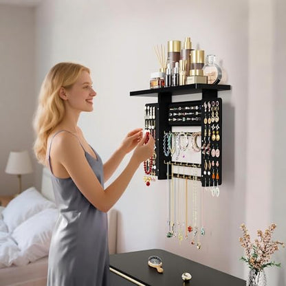 Emfogo Jewelry Organizer Hanging Wall Mounted Jewelry Holder, 5-in-1 Large Capacity Necklace Organizer Wall Display for Ring, Necklaces, Bracelets, Earrings(Black) - color: Black