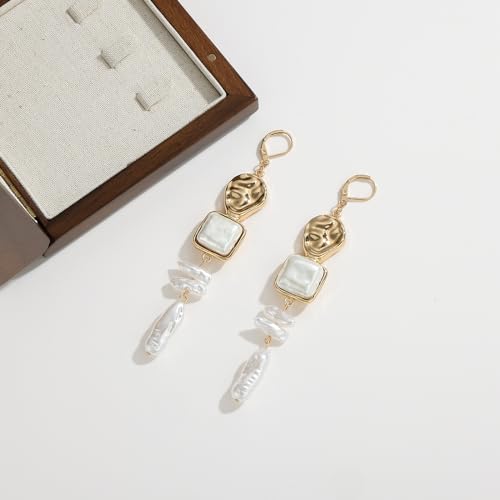 Statement Pearl Dangle Earrings,Gold and Large Pearl,Luxury Chandelier Organic Style Earrings - color: K gold and white
