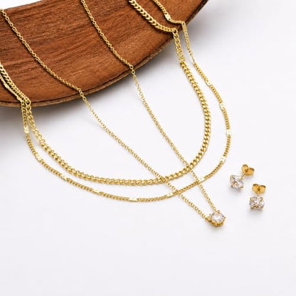 14K Gold Plated Necklace and Earrings Set for Women, 4-Piece | Layered Choker Necklace with CZ Stud Earrings, Gold Jewelry Set, Hypoallergenic Jewelry Gift for Women - color: Gold