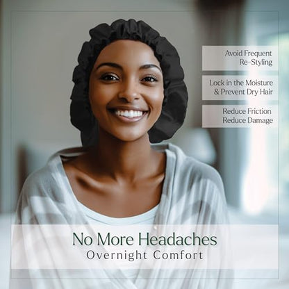Silvr Bear Satin Sleep Bonnet for Women | Hair Sleep Bonnet| Great for Thick and Curly Hair | Reversible Black Satin Bonnet - color: Black Satin Bonnet