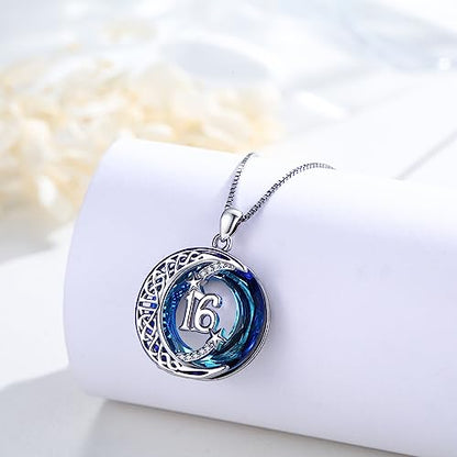 JUSTKIDSTOY Birthday Gifts for Women Girls 925 Sterling Silver Celtic Moon Star Necklace with Blue Crystal Pendant Jewelry for Sister Friends - style: 16th