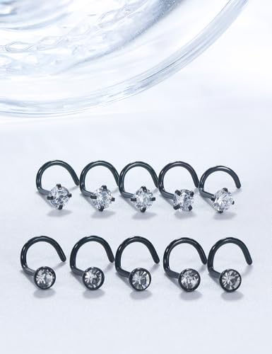 18G 20G 22G Stainless Surgical Steel Titanium Nose Rings Studs for Women L Shaped Nose Studs Screw Nose Rings Nostrial Piercing Jewelry for Women Men Silver Gold Black - style: 18G/1.5mm CZ/Screw/Black