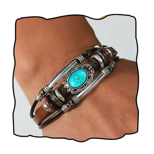 Leather Wrap Bracelets for Women Boho Multi-Layer Turquoise Bracelet Beads Stackable Bangle - color: A-Style