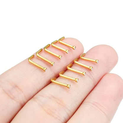 Hoeudjo Nose Studs Surgical Steel Cubic Zirconia Nose Rings Kit for Women Men Tiny Nose Stud Bone & Screw & L Shaped Nostril Piercing Jewelry 18/20/22/24 Gauge 10 Pieces - color: gold-tone,L-shaped nose studs, size: 18g/1.5mm clear CZ