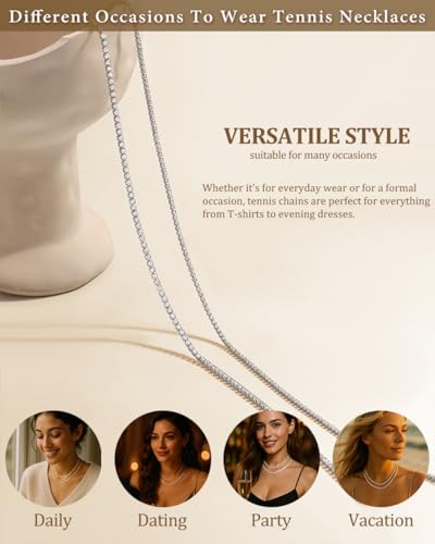 Double Layer Tennis Necklaces for Women - Dainty Gold and Silver CZ Tennis Necklace Simple Tennis Chain Sparkly CZ Choker Necklaces for Women Trendy Silver Jewelry - color: Silver, style: 14inch/1.5mm & 16inch/2mm