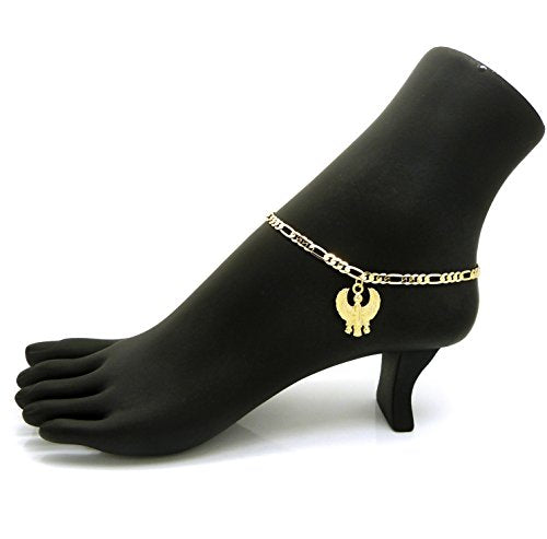 Fashion 21 Women's Cross, Ankh, Queen Nefertiti Piece 10 inches Figaro Chain Anklet Foot Bracelet in Gold Tone - style: Horus Bird / Figaro