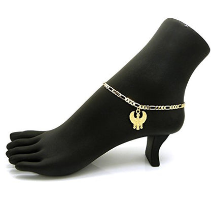 Fashion 21 Women's Cross, Ankh, Queen Nefertiti Piece 10 inches Figaro Chain Anklet Foot Bracelet in Gold Tone - style: Horus Bird / Figaro