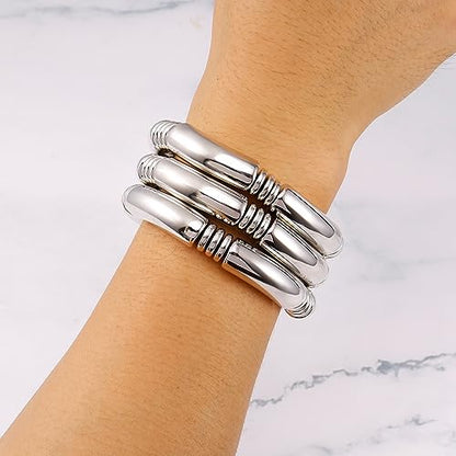 Gold Chunky Bangles Bracelets For Women 14k Gold Plated Stack Layered Curved Bamboo Tube Stretch Bracelets Gift Jewelry - color: 3pcs Silver