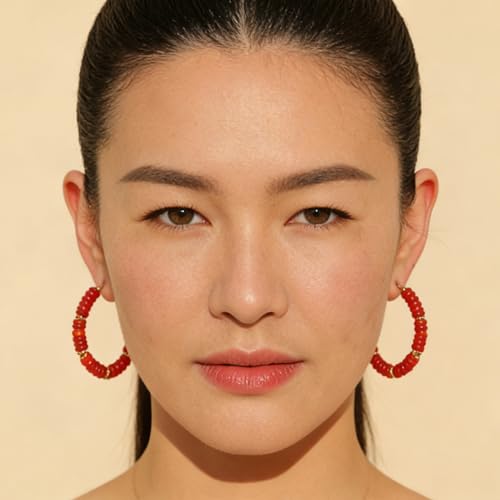Wellike Beaded Hoop Earrings for Women Natural Stone Pink Gold Huggie Earrings Hypoallergenic Dainty Waterproof Trendy Jewelry - color: Red, size: 45mm