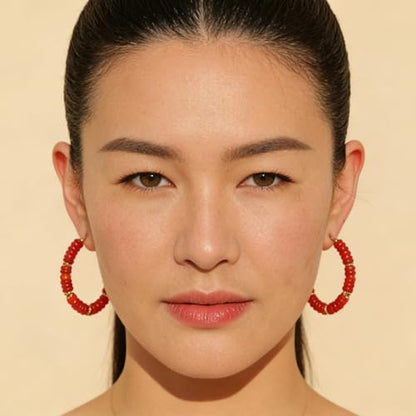 Wellike Beaded Hoop Earrings for Women Natural Stone Pink Gold Huggie Earrings Hypoallergenic Dainty Waterproof Trendy Jewelry - color: Red, size: 45mm