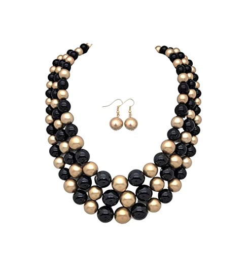 Fashion 21 Women's Faux Pearl Three Multi-Strand Statement Necklace and Earrings Set - color: Black + Gold
