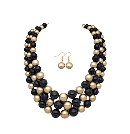 Fashion 21 Women's Faux Pearl Three Multi-Strand Statement Necklace and Earrings Set - color: Black + Gold