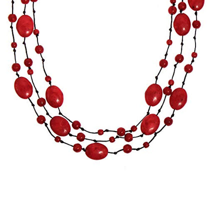 AeraVida Amazing Triple Layer Reconstructed Red Coral on Cotton Rope Statement Necklace | Red Coral Statement Necklace for Women | Triple Layer Red Coral Necklace