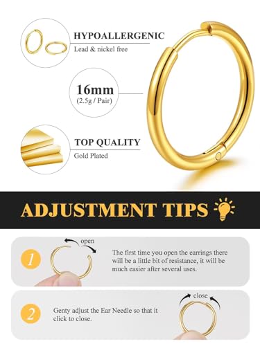 Small Hoop Earrings for Women 7-16mm Stainless Steel Huggie Earrings Lightweight - color: c. Gold A, size: Diameter 16mm