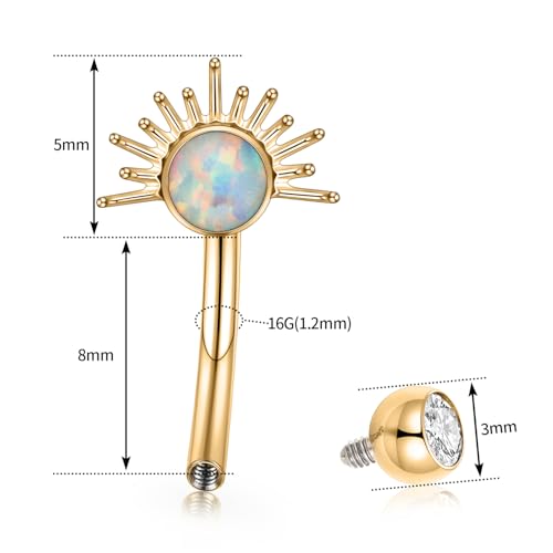 PEAKLINK G23 Titanium Eyebrow Ring 16G Opal Rook Daith Piercing Jewelry Internal Threaded Curved Barbell Vertical Labret Lip Jewelry Small Belly Button Ring - color: Gold with White Opal