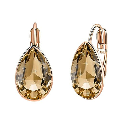 Austrian Crystal Teardrop Leverback Drop Earrings for Women | 14K Gold-Plated Finish, Sparkling Pear Stone, Smooth Bezel Frame, Secure Leverback Closure, Dainty Day-To-Evening Style - color: Light Topaz