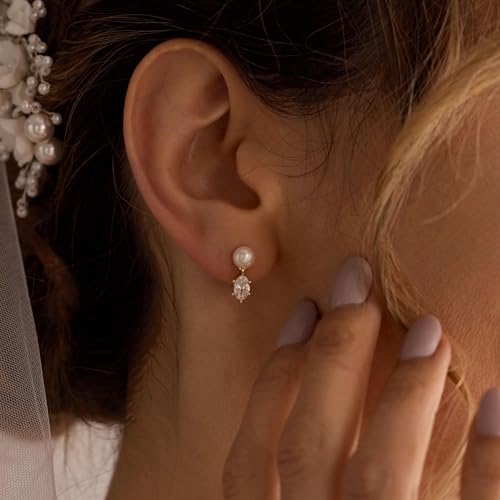 Pearl Earrings for Women:Gold Wedding Dangle Drop Earring Pearl Jewelry | 14K Gold Plated Pearl Drop Earrings for Women,Dainty Wedding Bride Earring Studs,Gold Dangle Drop Earring,Waterproof Jewelry - size: 1 pcs-7